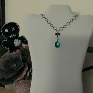 Frosted Green/Purple Stone Rhinestone and Bow Drop on Gunmetal Loop Chain